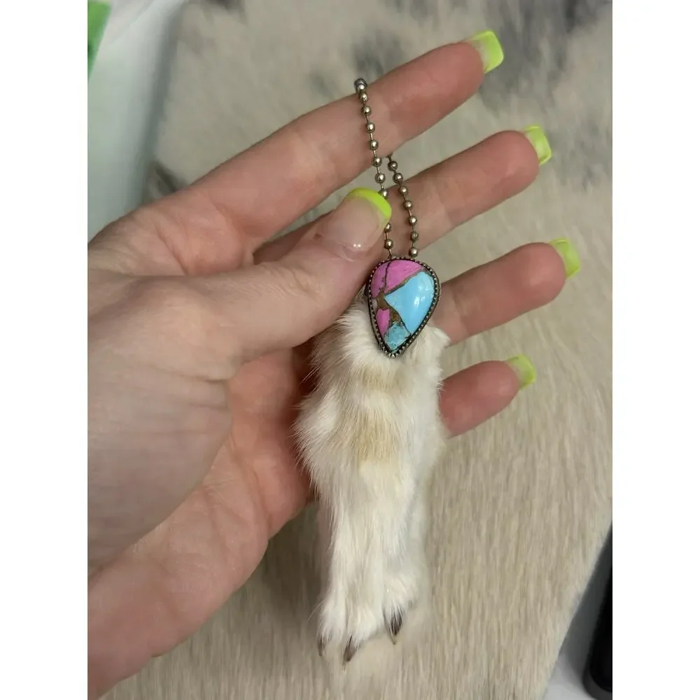 Sterling Silver Pink Blue Cotton Candy Bezel Rabbits Foot Keychain Pendant 925